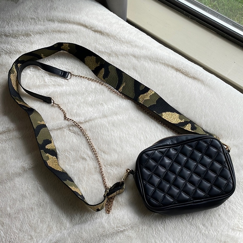 Anthropologie camo strap and h&m bag